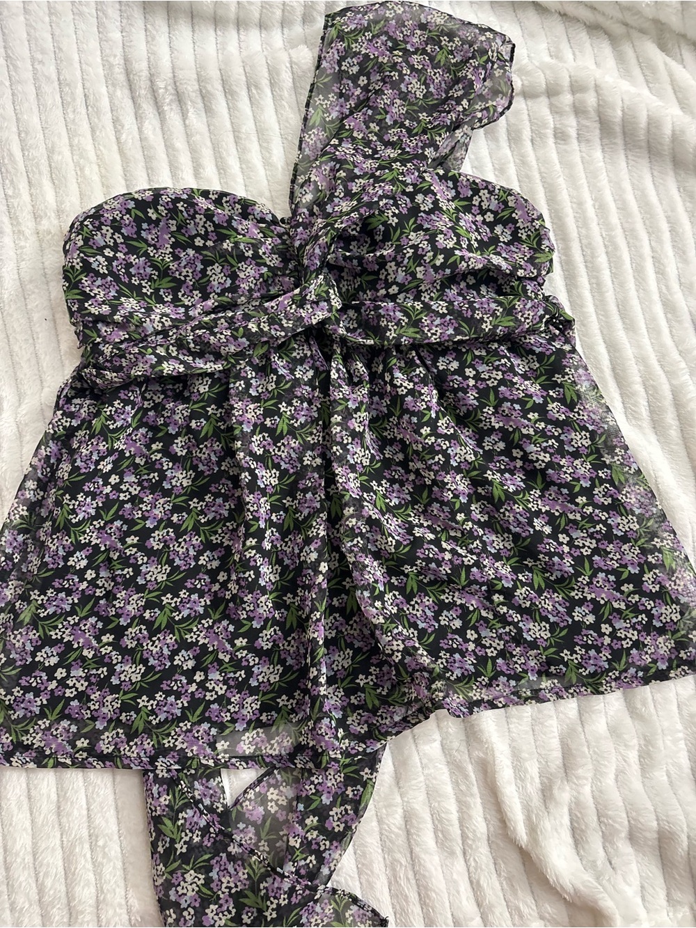 Floral One-Shoulder Peplum Top in Black and Lavender